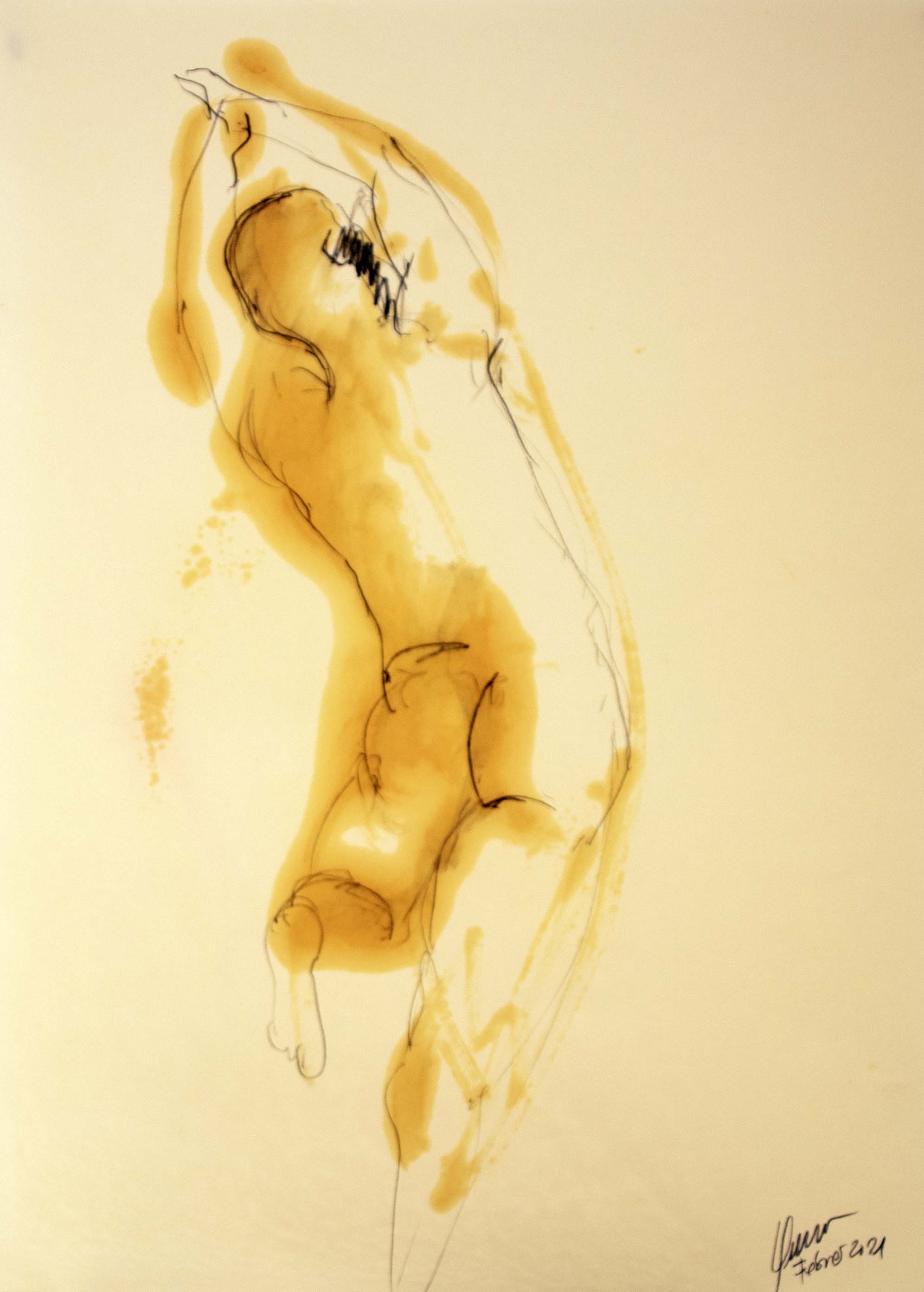 Home dempeus d'esquena — Grafit i oli de llinosa sobre paper